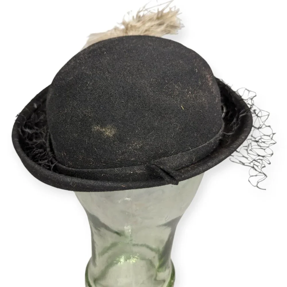 Vintage Merrimac 100% Black Wool Hat with Feathers and Jeweled Accent - Picture 4 of 10